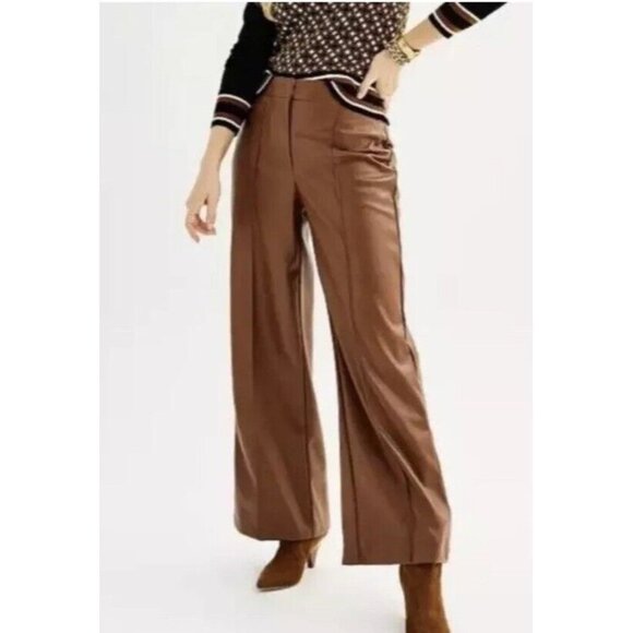Women's 6‎ Nine West Faux Leather Trouser Brown Retro Wide Leg Pleated Pant NWT - Picture 1 of 7